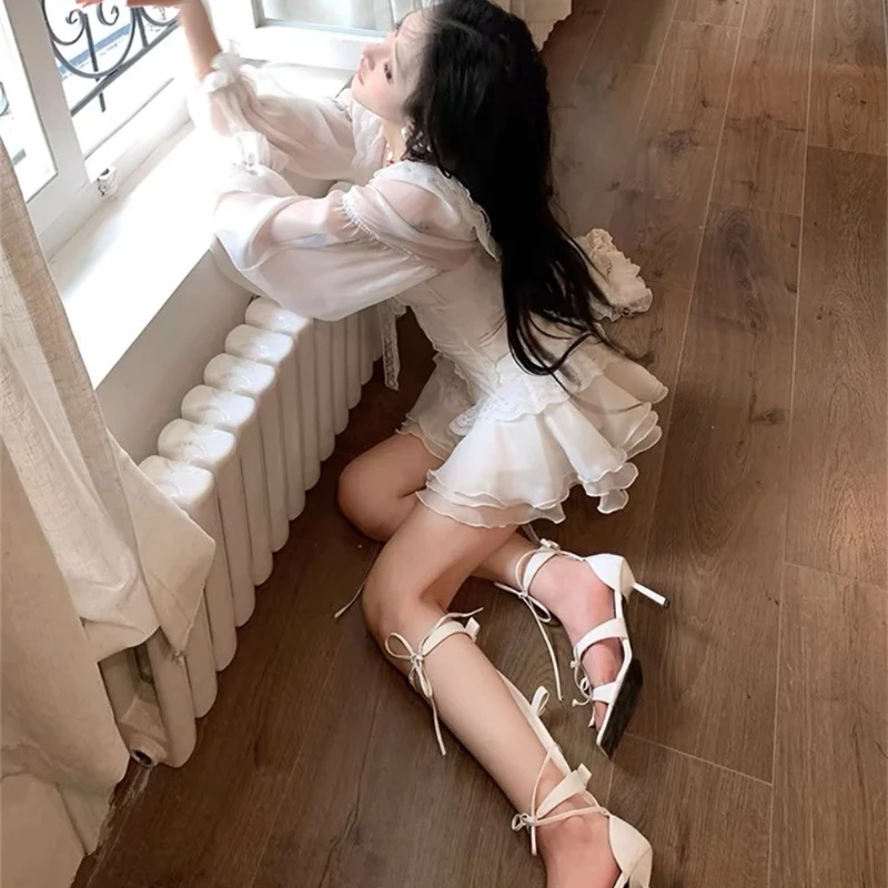 Vestido elegante De manga abombada para Mujer, Y2k, cintura delgada, encaje, retazos, volantes, novedad De verano 2025, Vestido De Mujer