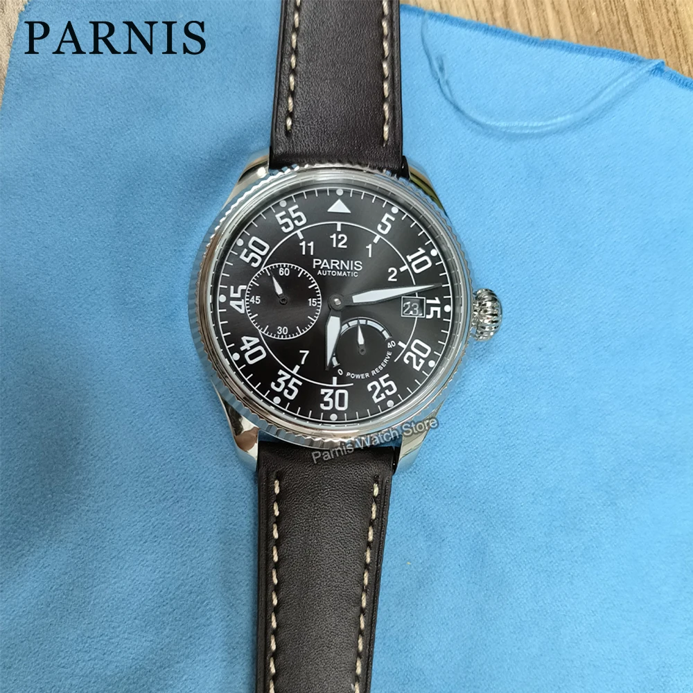 

Parnis 45mm Black Dial Automatic Mechanical Men Watch Black Leather Watchband Power Reserve Men's Sports Watches