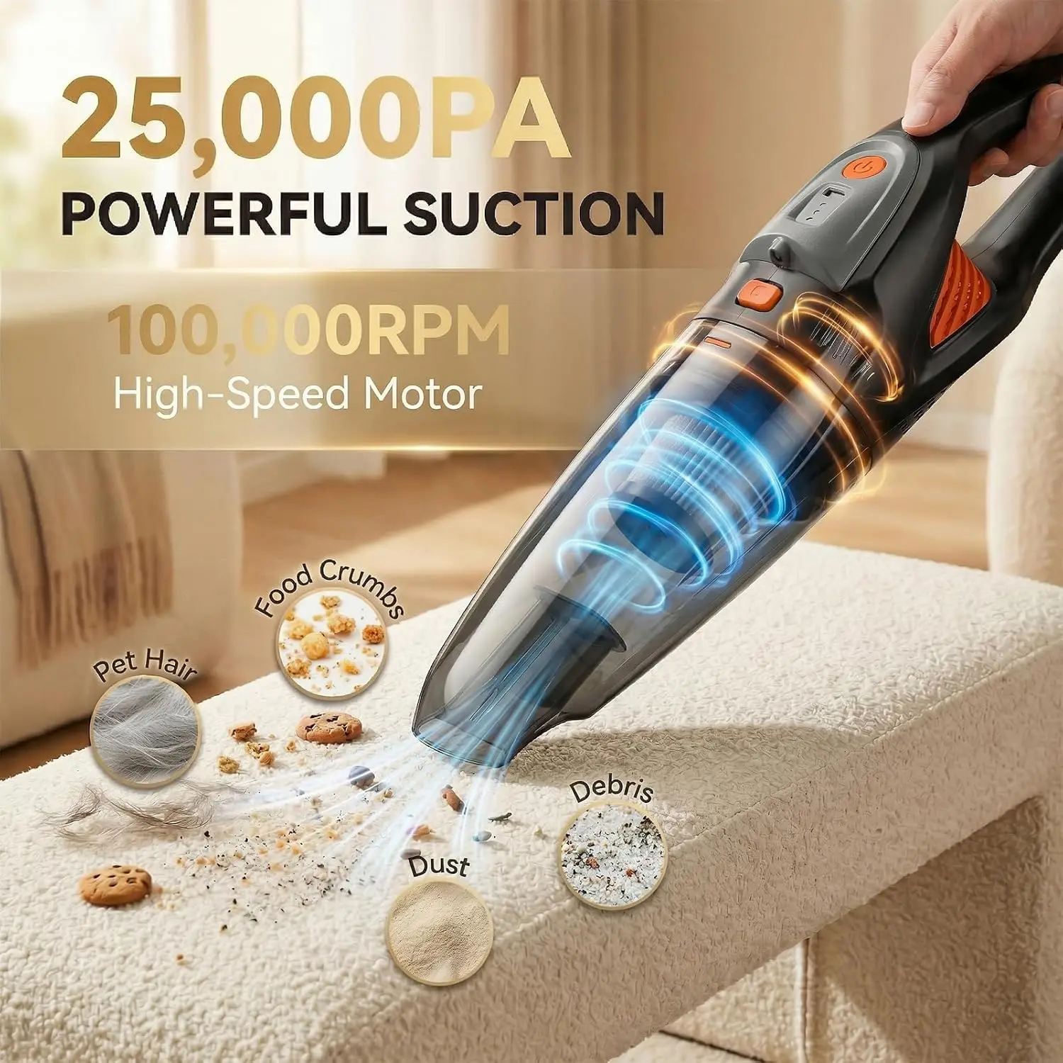 Handheld Vacuum Cordless 25000Pa Powerful Suction Car Portable 8000mAh Battery LED Light Rechargeable HEPA Filters Home Car Seat