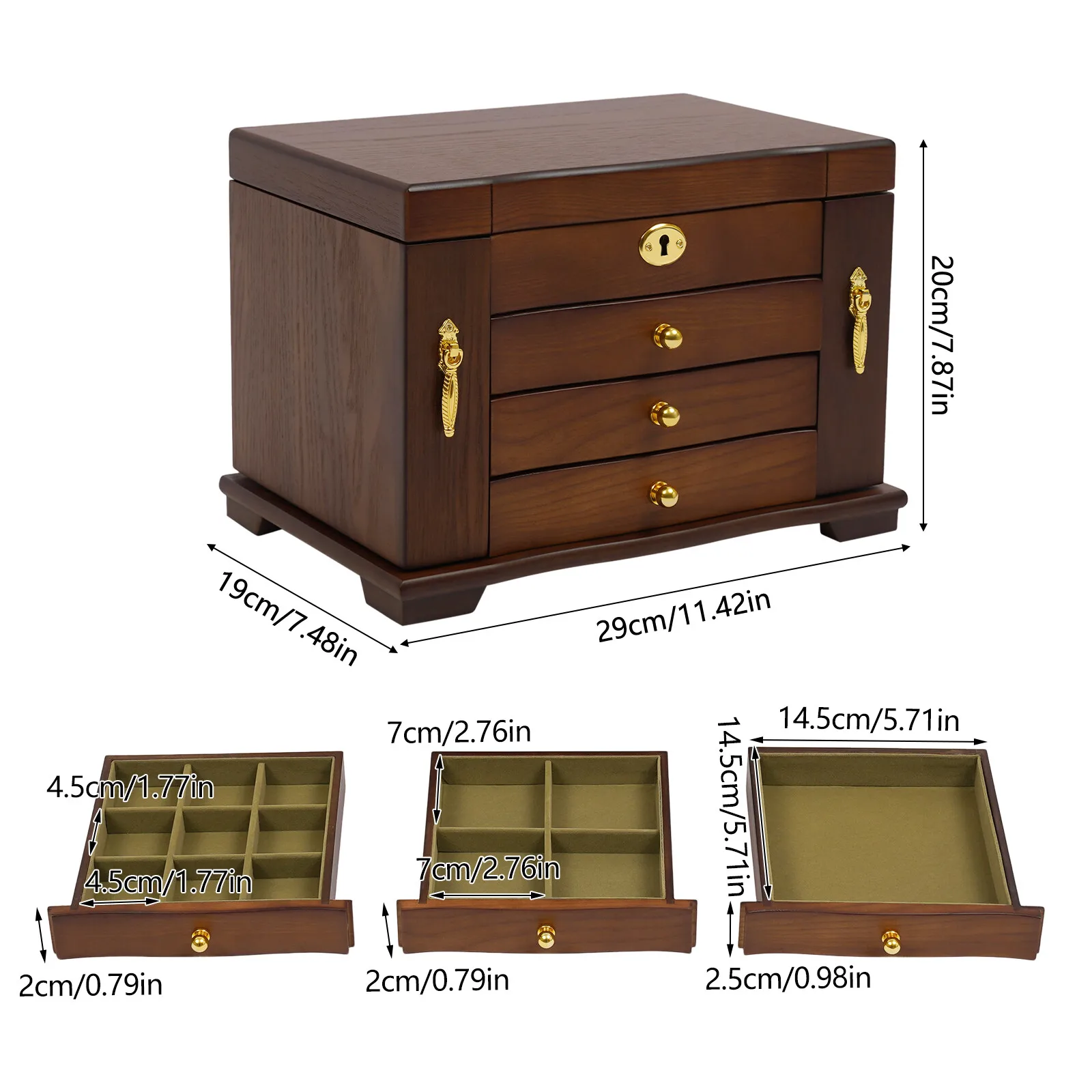 4 Tiers' Large Capacity Antique Large Wooden Jewelry Organizer Box Necklace Watches Rings Storage Case for Rings Rectangle