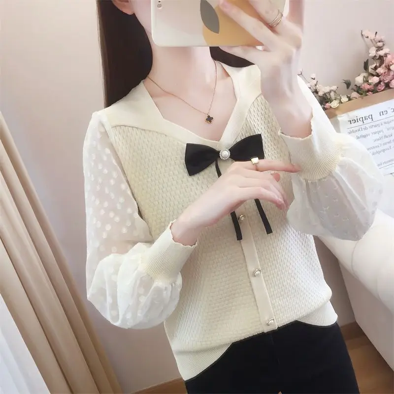 Spring and Autumn Women's Casual Fashion Elegant Commuting Solid Color V-neck Bow Lace Western Style Long Sleeve Knitted Shirt