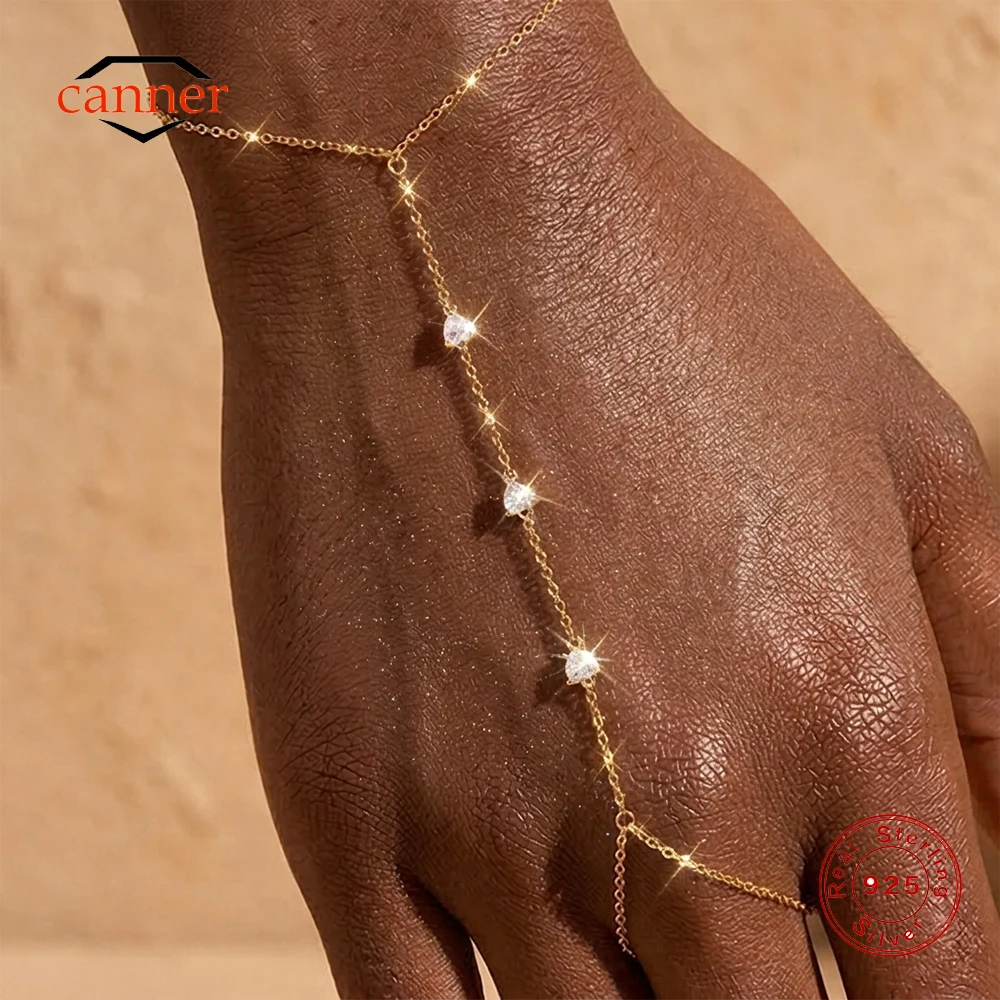 

CANNER 925 Sterling Silver Love Zircon Butterfly Finger Chain Bracelet Ring For Women INS Minimalism Finger Chain Ring Jewelry