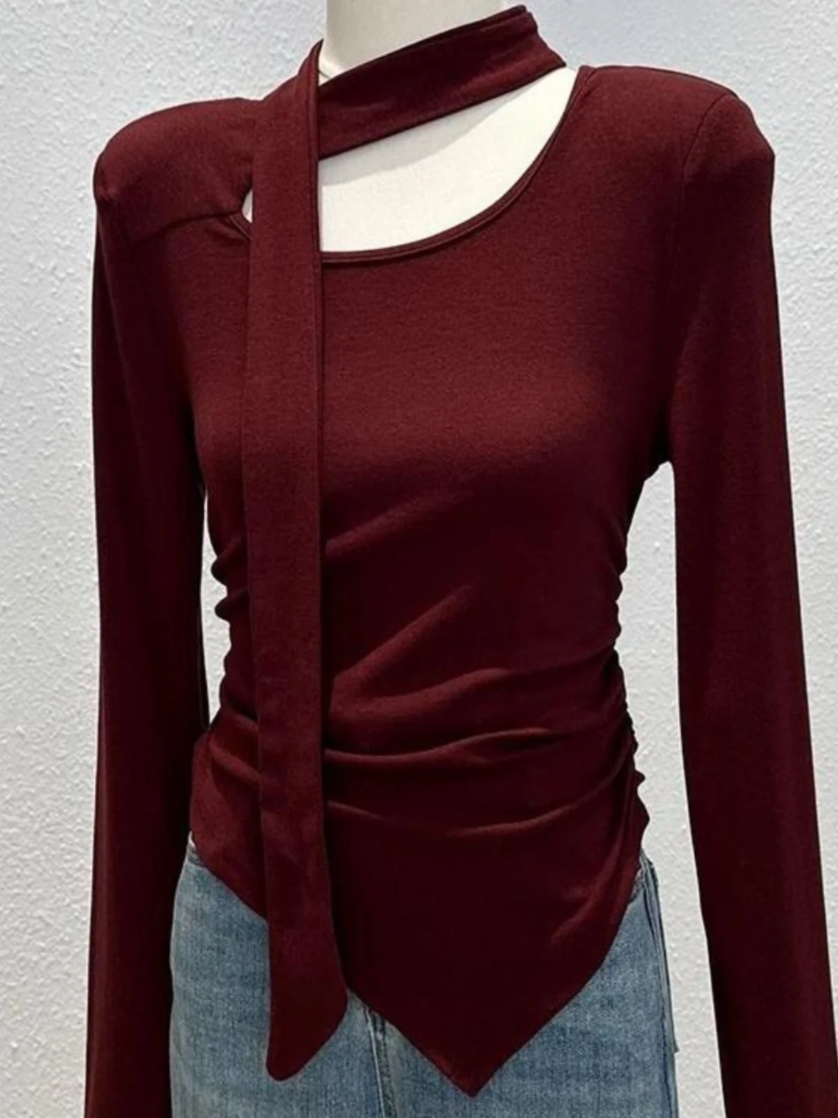 

Spring Autumn Design Chic Halter Asymmetry Long-seelve T-shirt For Women Fashion Solid Disstmmetry Slim Tendency Base Shirt Tops