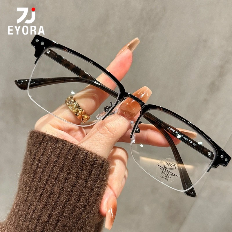 

EYORA Business Half-Frame Square Reading Glasses for Women Anti Blue Light Photochromic Glasses Optical Lenses with Prescription