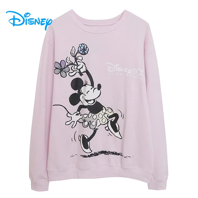 Disney 100th Anniversary Minnie Mouse Print Sweatshirt Women Cartoon Casual Fleece Pullover Tops O Neck Long Sleeve Jumper Pink