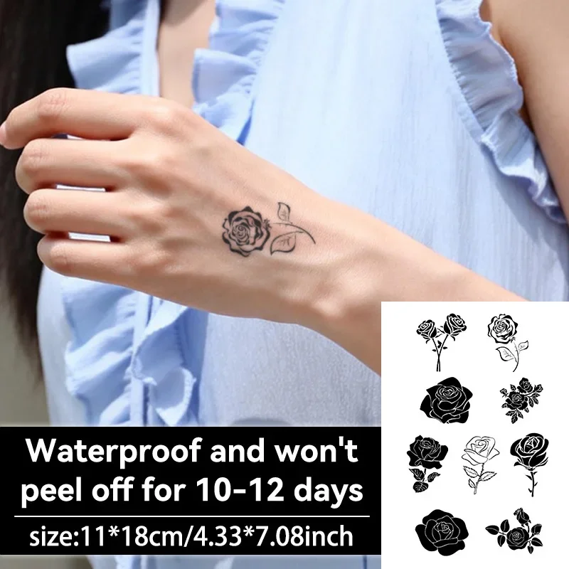 Black Rose Hand Temporary Tattoo Sticker Waterproof Fake Tattoo Body Art for Women