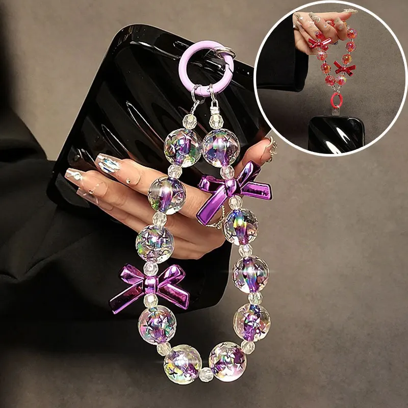 

Fashion Bow Tie Short Wrist Strap Mobile Phone Lanyard,Bing Star Beads Phone Anti-lost Chain Bracelet Keychain For Phone case