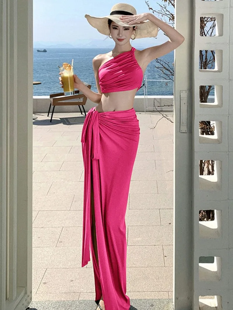

Sexy Beach Vacation Style Asymmetrical Shoulder Top Split Skirt Two-Piece Set Summer Fashion Ensemble for Young Women
