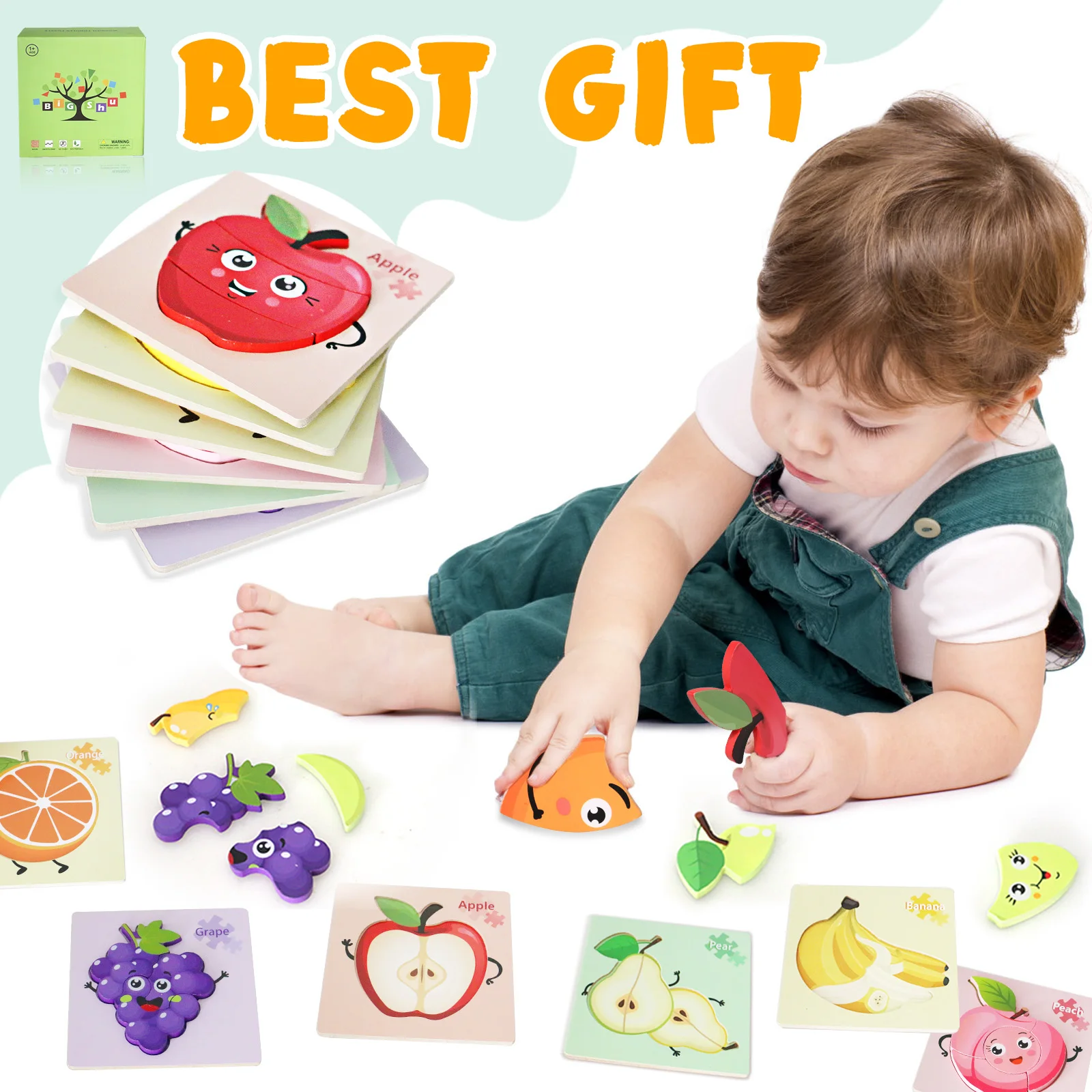 2-Sided Fruit madeira Jigsaw Puzzle para crianças, Montessori Educacional Aprendizagem Brinquedos, 6 pcs