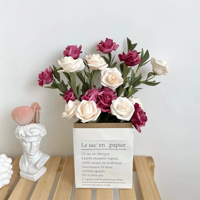 INS 20flowers Set Simulation Rose Romantic Flower With Paper Bag Clothes Shopes Photography Props Home Decor Ornaments