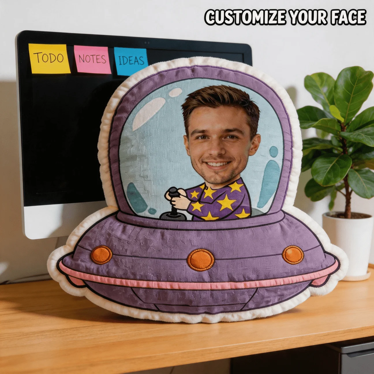 Custom Face UFO Spaceship Shaped Pillow, Personalized Photo Astronaut Pilot Decorative Cushion, Purple Novelty Home Decor Accent
