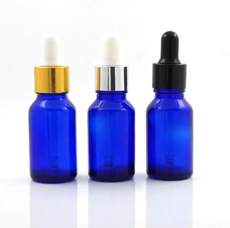 

Blue 15ml Essential Oil Round Dropper Bottles Glass Serum Bottle 15ml with Black Silver Gold Cap SN1807