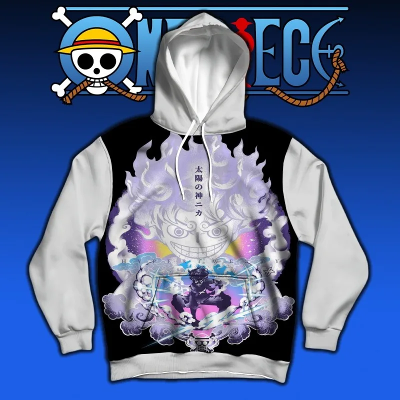 

One Piece Hoodie Luffy Nika Sun God Form Fantasy Print Unique Bandai Inspired Black White Color Block Design Must Have for Fans