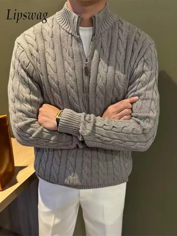Vintage Zip-up Twist Texture Knitting Polo Shirts Mens Stylish Solid Color Long Sleeve Pullover Men Fall Winter New Knit Shirt