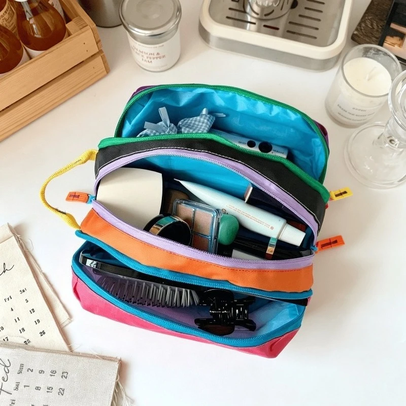 Three Layers Dopamine Color Block Makeup Bag Large Capacity Handheld Travel Cosmetic Wash Organizer Bag For Outdoor Daily Use