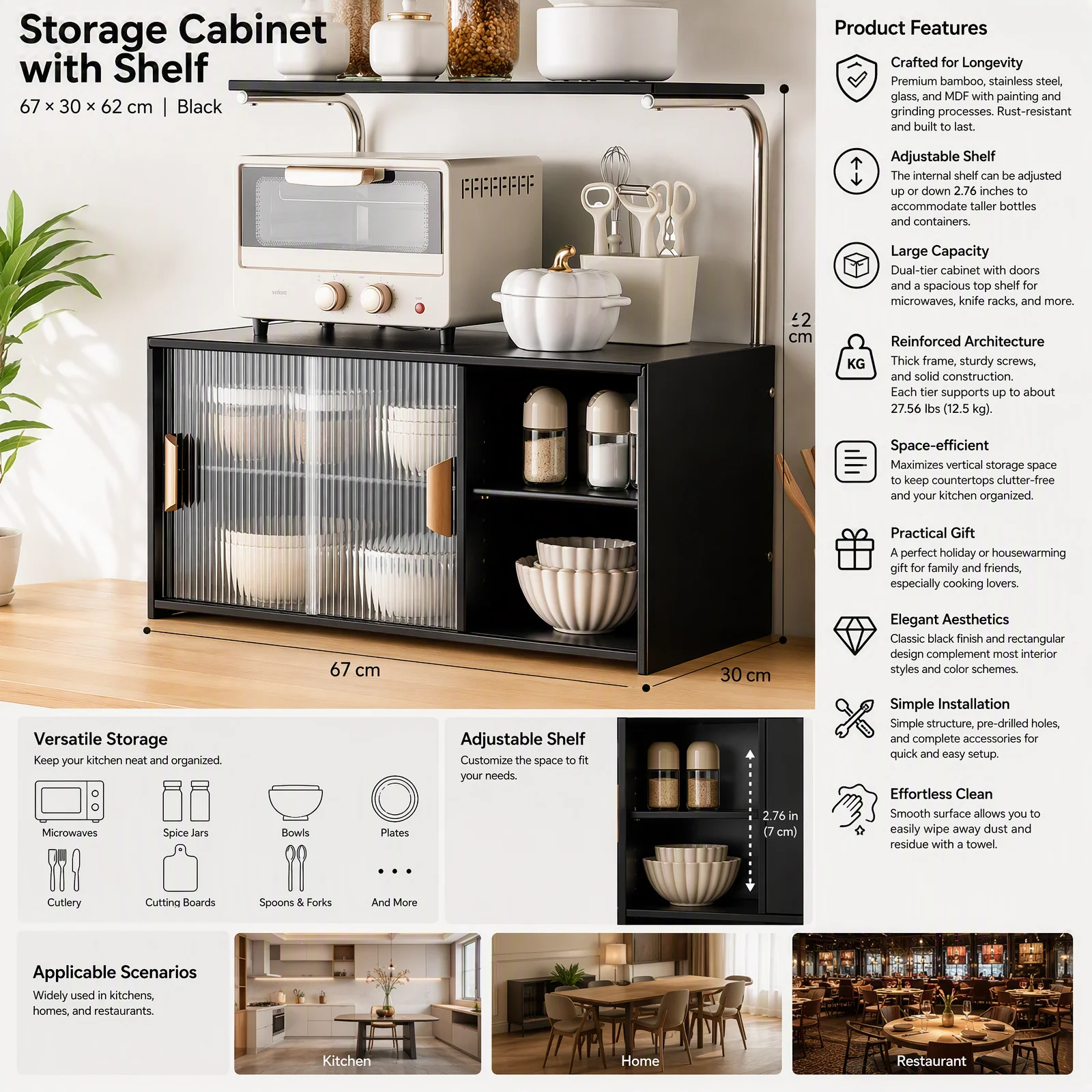 Storage Cabinet Kitchen Sideboard with Glass Doors, 2-Tier Bamboo & MDF Adjustable Shelf 27.56 lbs Capacity, Freestanding Countertop Organizer for Microwave, Spices & Utensils