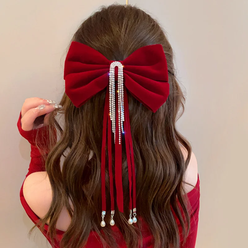 

Princess on the Run Bow One-word Clip Sweet Temperament Lace Tassel Spring Clip Red Broken Diamond Hairpin Large Lace