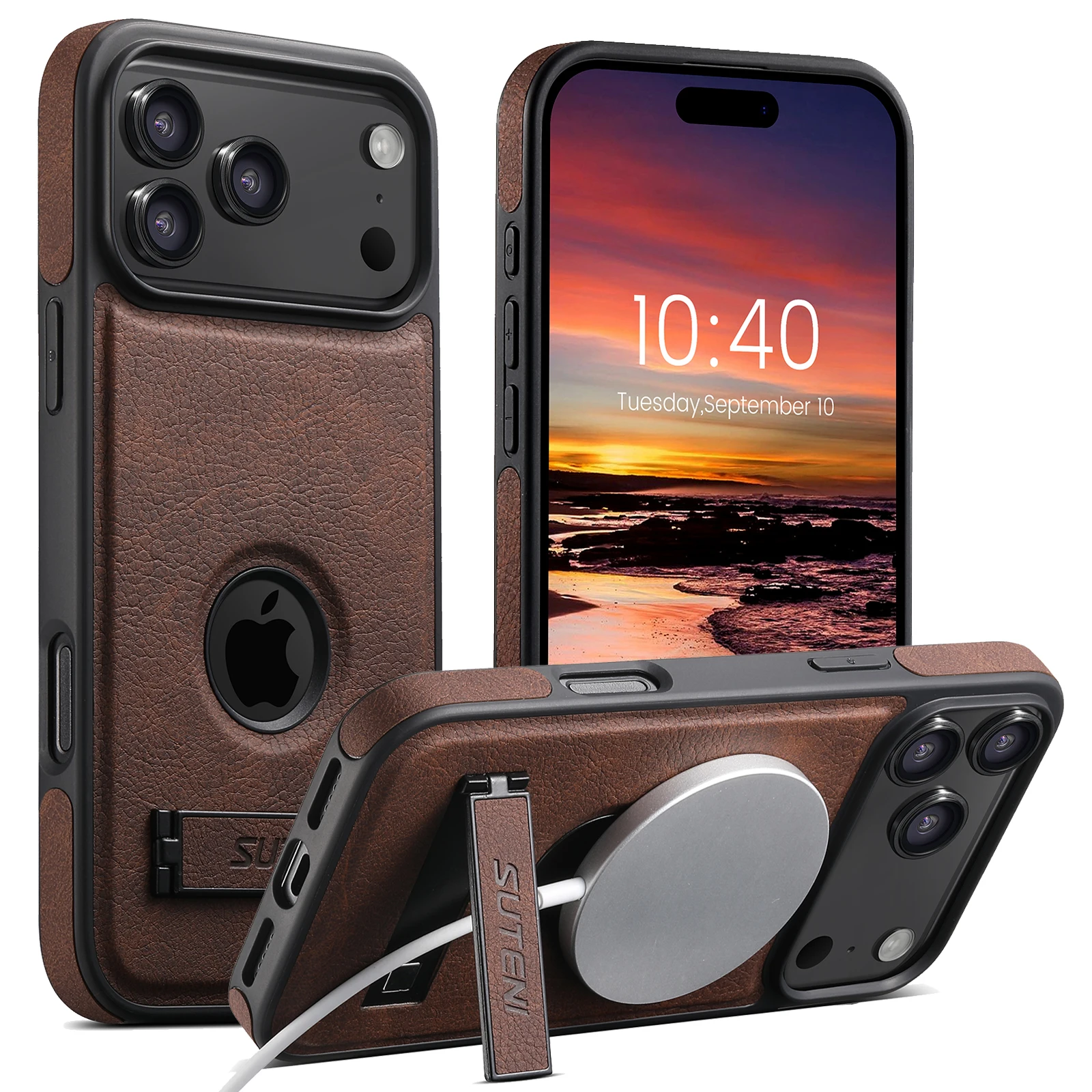 Luksusowe etui na telefon z imitacji skóry do iPhone 18 17 Pro Max 16 15 14 13 12, matowe w dotyku, z funkcją podstawki, magnetyczne, kompatybilne z bezprzewodowym ładowaniem. — zdjęcie produktu 2