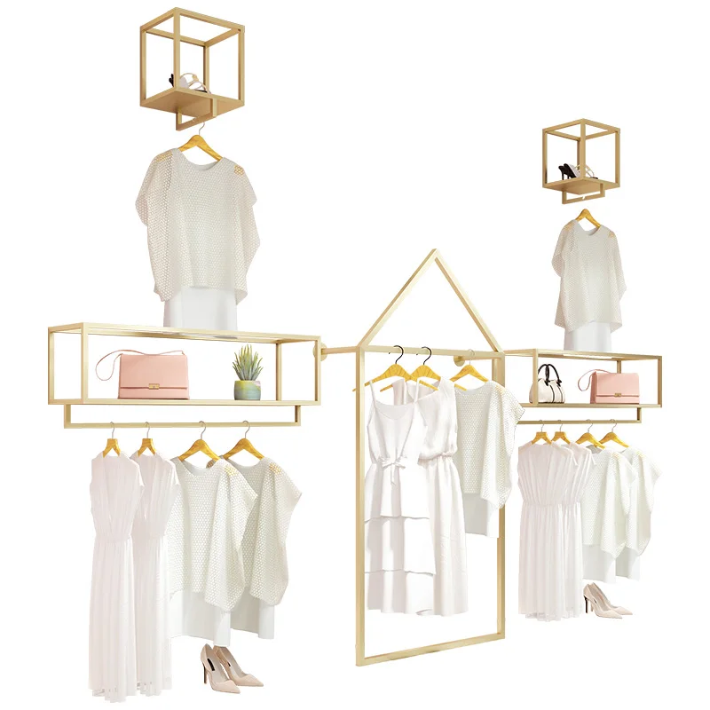 

Custom. Lady Boutique store furniture standing rackmetal Golden clothing display rack on wallvv
