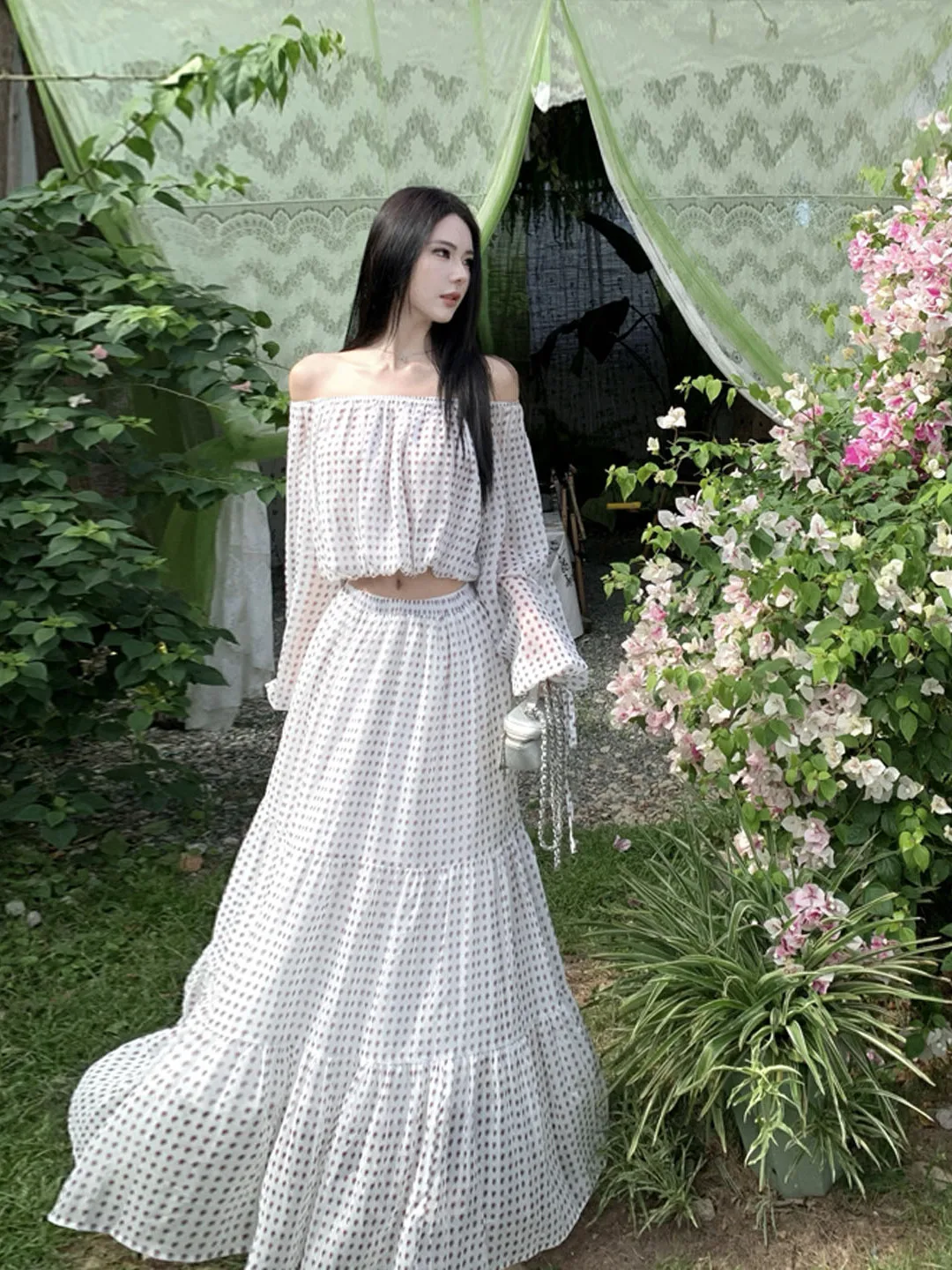 

Polka Dot Long Sve One oulder ort Top Island Vaion Loose Feelings Matching Skirt Set Women's Faion Summer Outfit