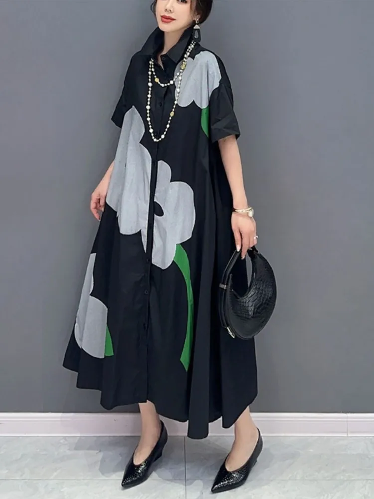 Oversized Summer Shirt Dress Women Korean Style Fashion Long Ladies Flower Dresses Casual Loose Short Sleeve Woman Dress 2023