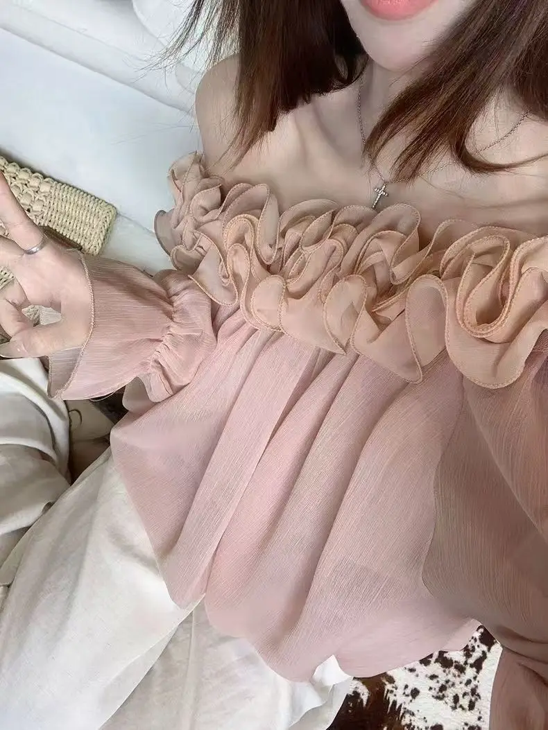 

2025 New Long Sleeve Gentle Shirt Autumn One Line Pink Shirt Top New Product Concealing Meat