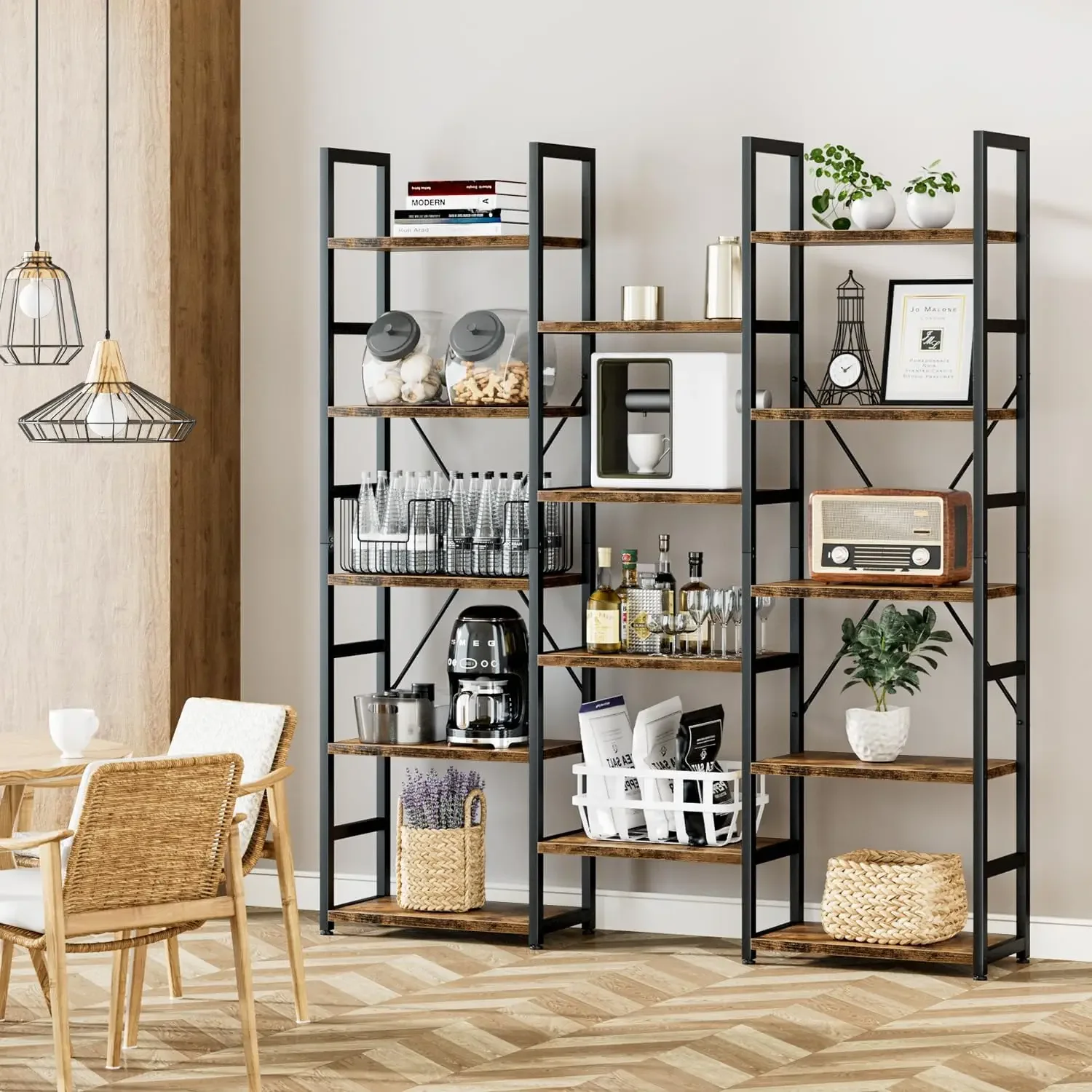 Triple Column 5 Tier Bookshelf, Bookcase with 14 Open Display Shelves, Adjustable Rustic Industrial Style Book Shelves