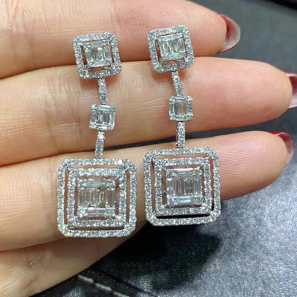 Huitan Luxury Silver Color Dangle Earrings for Women Geometric Shaped Full Paved CZ Bridal Wedding Drop Earrings Fashion Jewelry