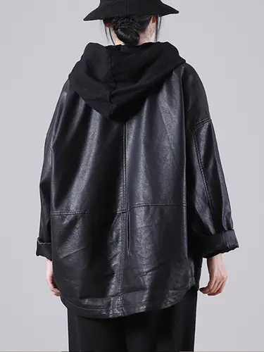 Amax luluE England Style Hooded Loose Black Leather Jacket 2021 Autumn New Women Casual Biker Coat Female Harajuku Pu Streetwear - Image 2