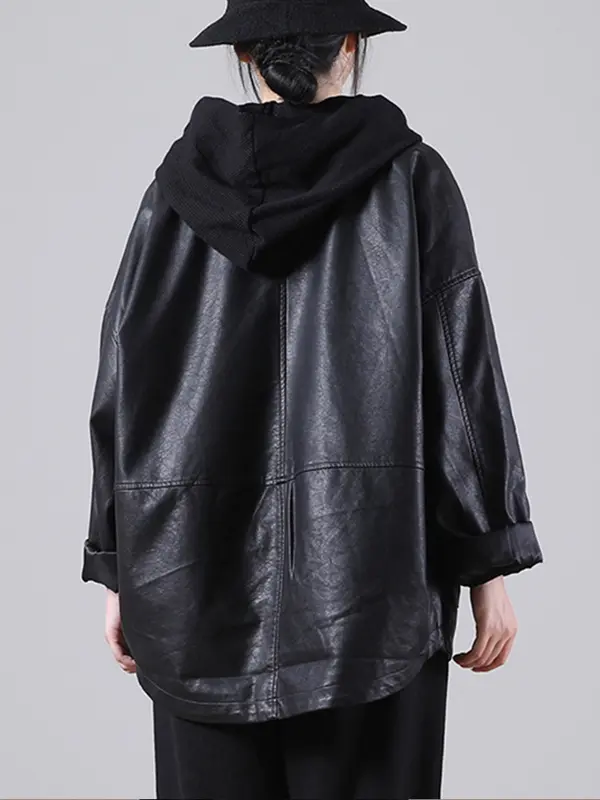 Amax luluE England Style Hooded Loose Black Leather Jacket 2021 Autumn New Women Casual Biker Coat Female Harajuku Pu Streetwear - Image 2