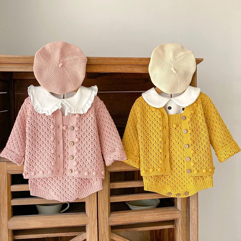 

Autumn Infant Clothes Girl Romper Baby Knitted Handmade Ball Sweater Coat 2 Piece Suit Sets Newborn Jacket Knitwear 0-3Y