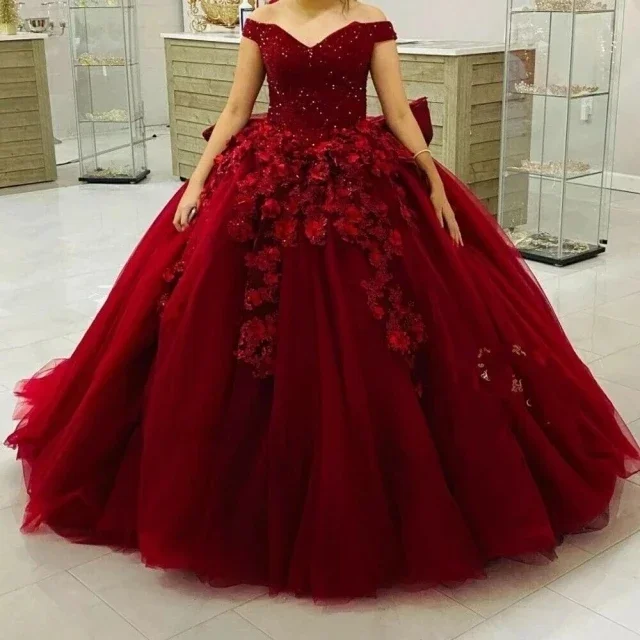 Vestidos De quinceañera con escote corazón burdeos, vestido De baile, flores, cuentas, dulces 16, hombros descubiertos, 15 Años