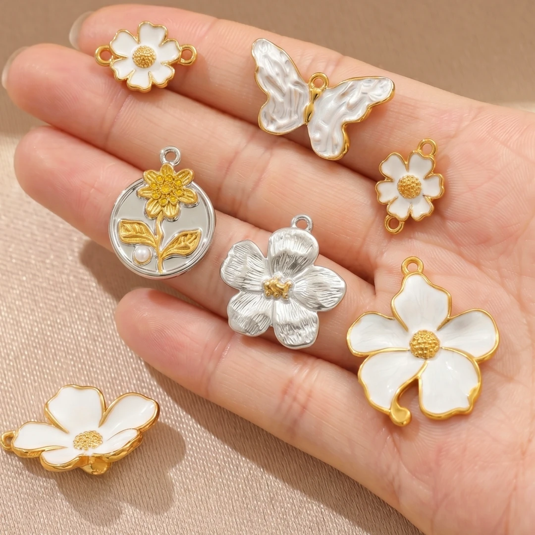 2 Stück PVD-Gold Edelstahl Blumen- und Schmetterlingsanhänger mit Emaille für DIY Vintage Armband, Ohrringe, Halskette, Schmuckherstellung – Detail 3