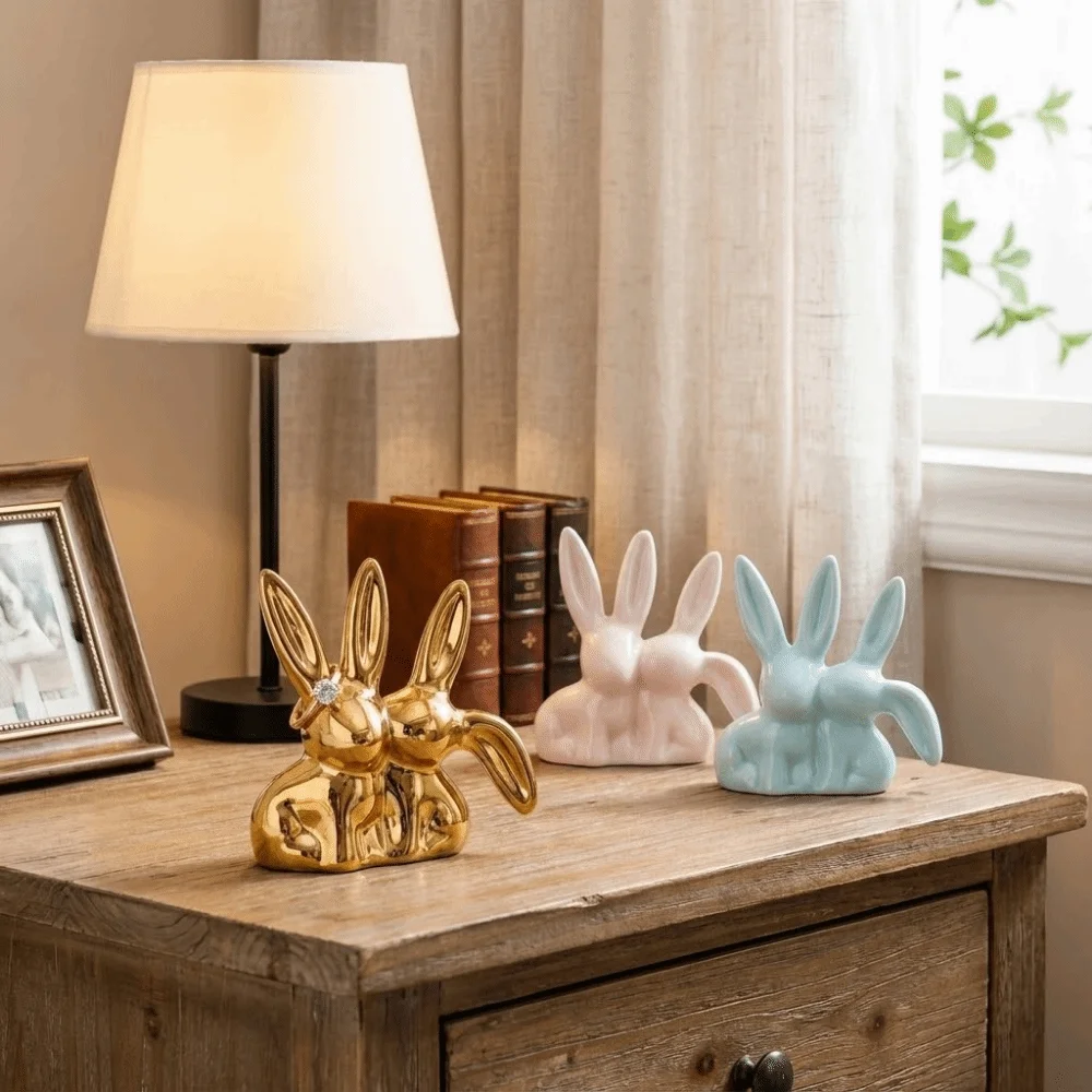 Unique Aesthetic Ceramic Rabbit Ring Holder Cartoon Style Decorative Kiss Couple Bunny Figurine Creative Handicraft