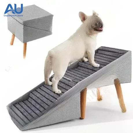 Foldable Wooden Pet Stairs and Stool 2 in 1, Dog Steps and Ramp for Small Dogs, Multifunctional Pet Ladder and Footstool