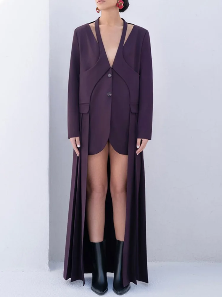 VGH Hollow Out Chic Solid Folds Blazer For Women Deep V Neck Long Sleeve Spliced Single Breasted Coats Female New Autumn 2024