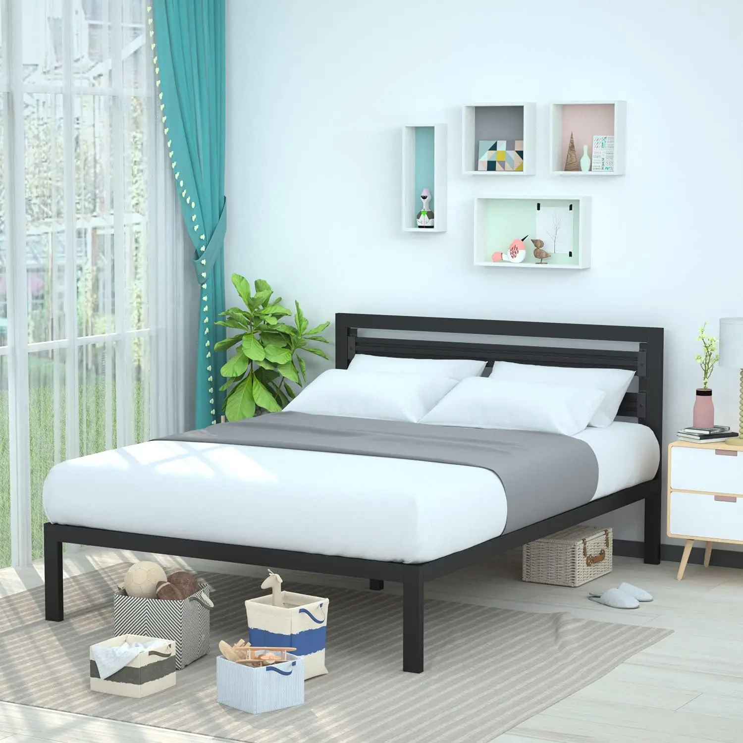 

Industrial Metal Bed Frame with Headboard and Wooden Bars, 14 Inches High, Queen Size Bed, Black