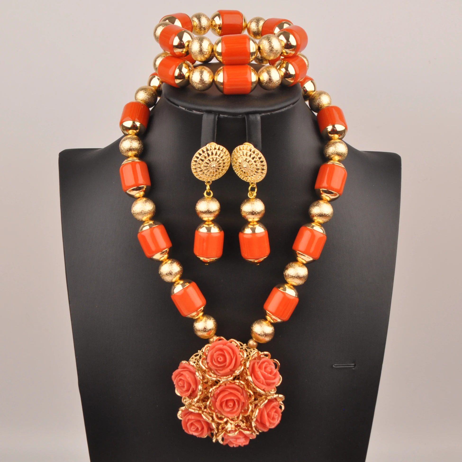 African Wedding Beads, Orange Artificial Coral Jewelry Set