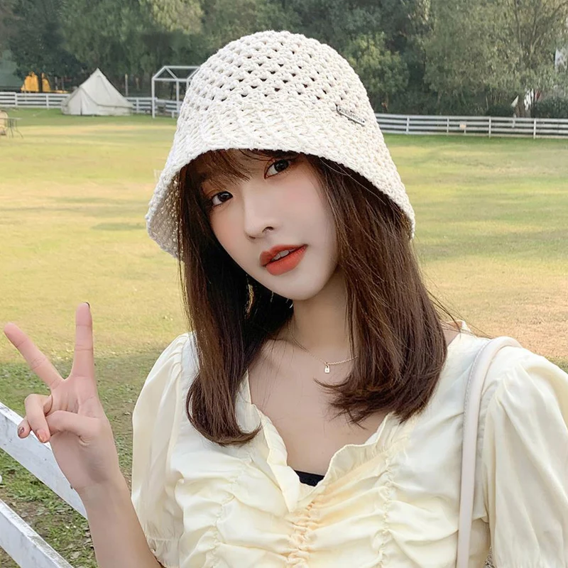 Ladies Korean Fashion Knitted Pot Hat Summer Thin Section Sunshade Sunscreen Bucket Hat Mesh Breathable Fisherman Hat Straw Hat