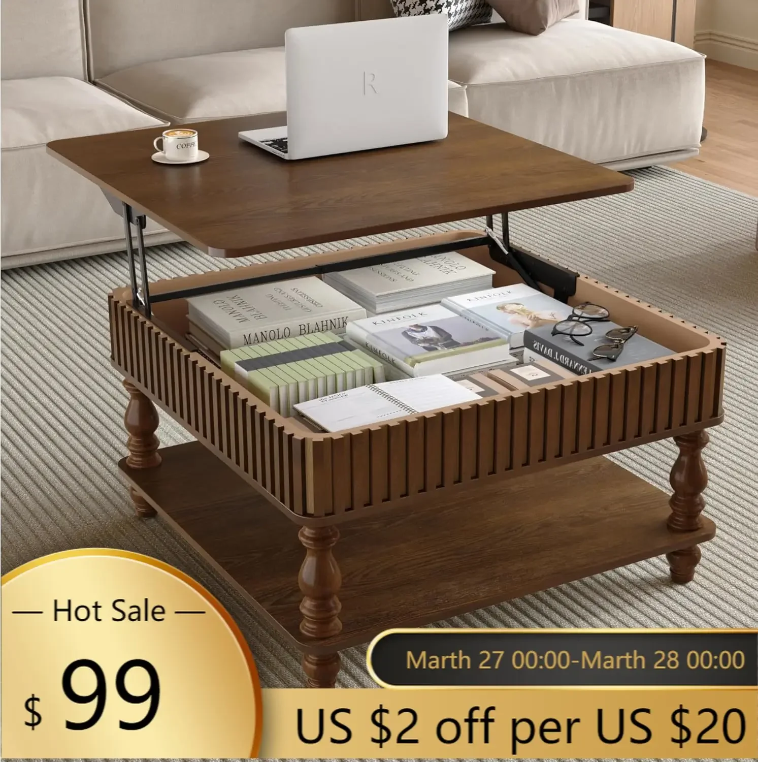 Square Lift Top Coffee Table with Storage Farmhouse Center Table