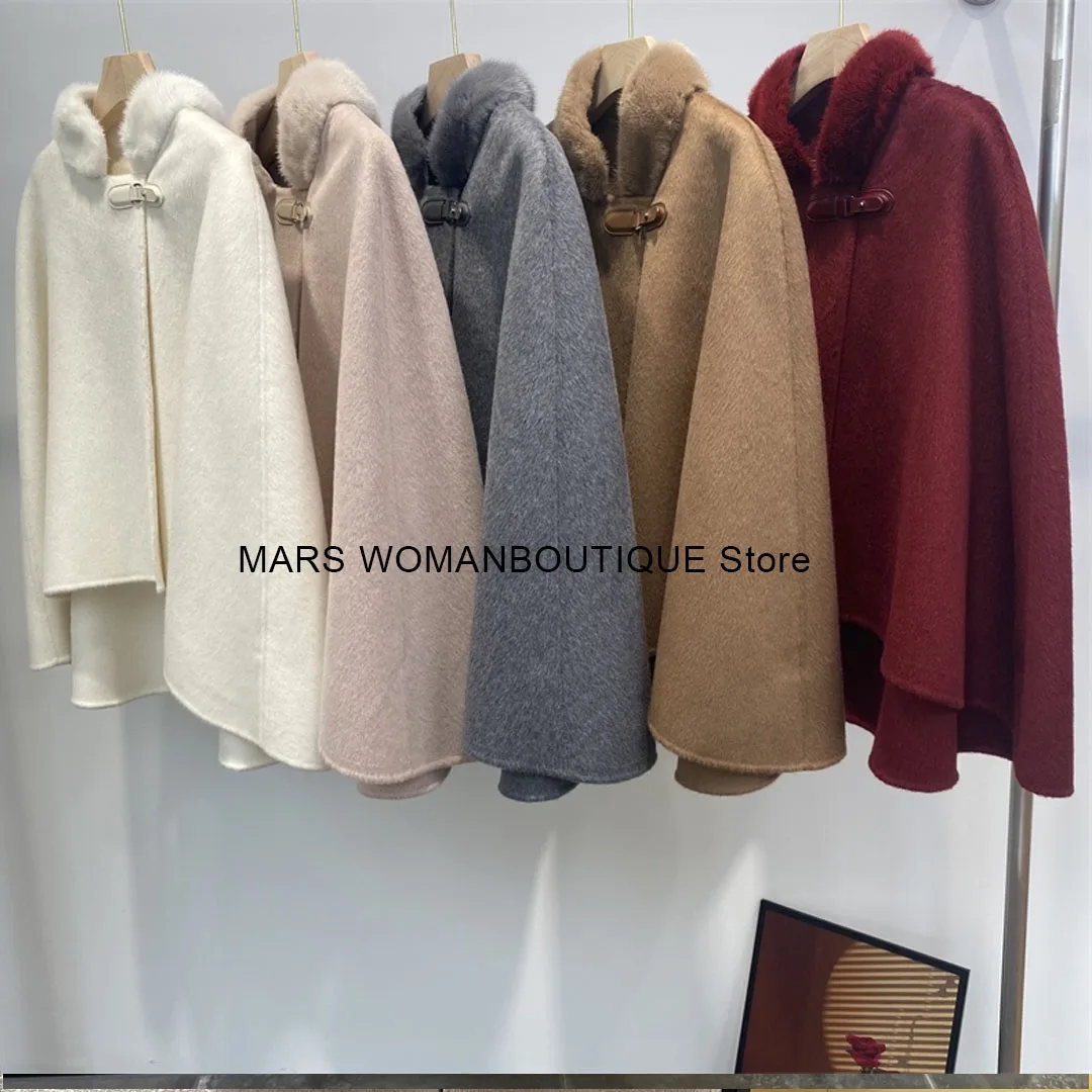 Autumn And Winter Fashion Short High Quality Mink Fur Collar Cashmere Double-Faced Wool Coat Shawl Cape Coat For Women