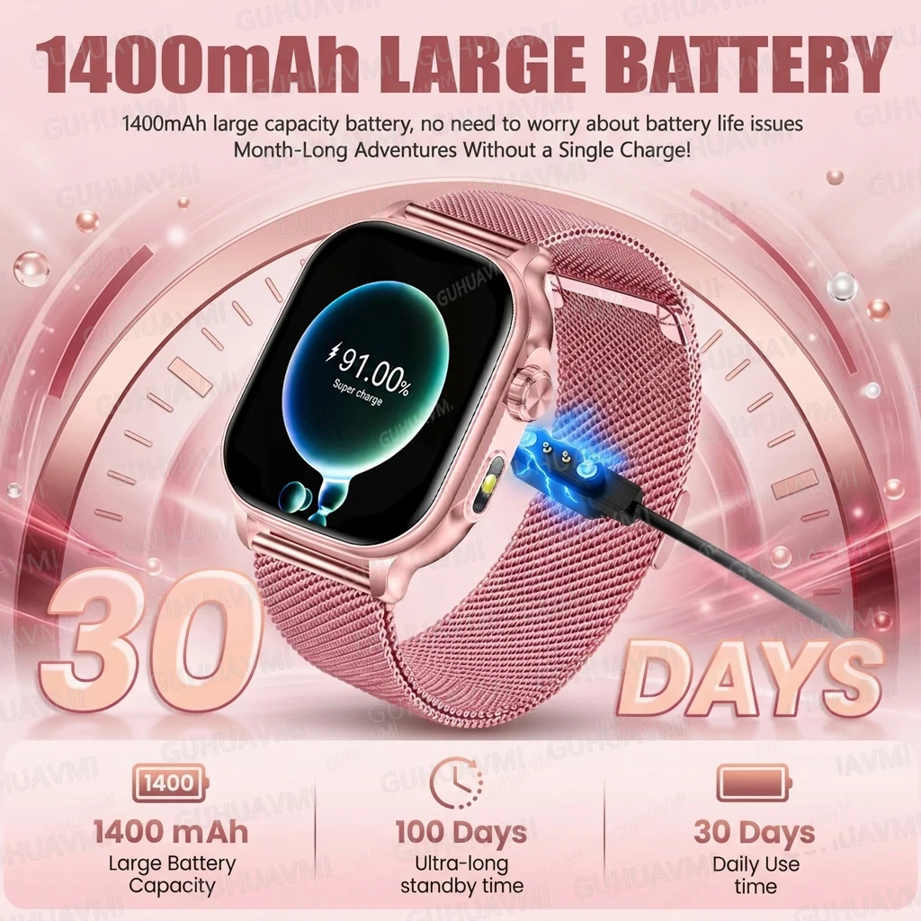 2026New 1400mAh Battery 100+Sports Smart Watches Gift 2.01”AMOLED Bluetooth Call LED Flashlight Heart Rate Sleep Bracelet Ladies