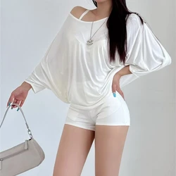 Solid Oversized T-shirt for Women's Casual Loose Tops Fashion Bat Sleeves Simple Sexy Off Shoulder Korean Baggy T shirts Autumn