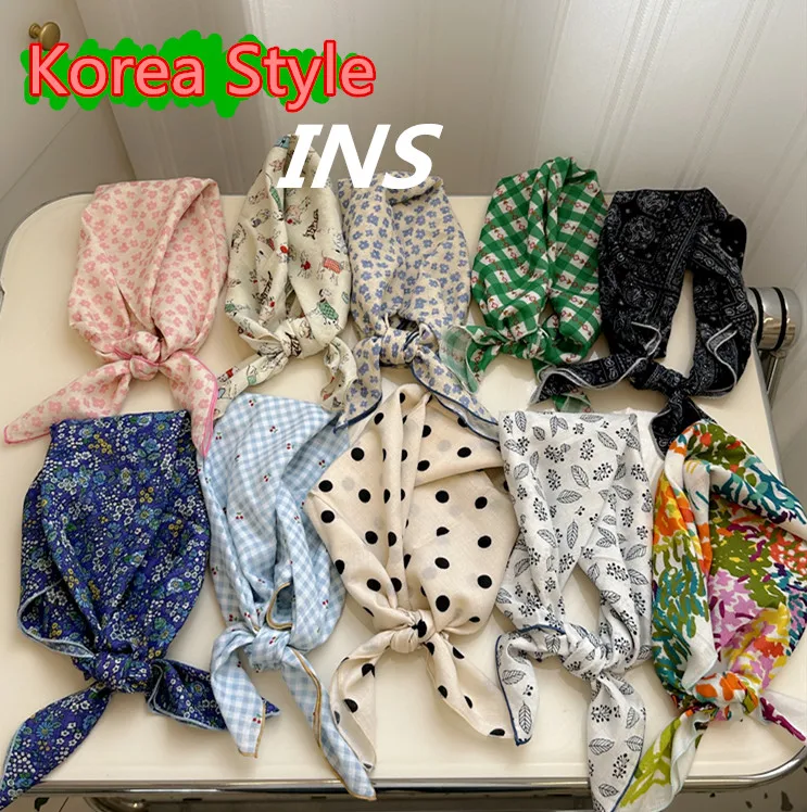 Korea Popular Small Square Scarf Floral Print Cotton Linen Scarf Bag Decorative Hijabs Shawl Bandana Headscarf Head Hair Scarves