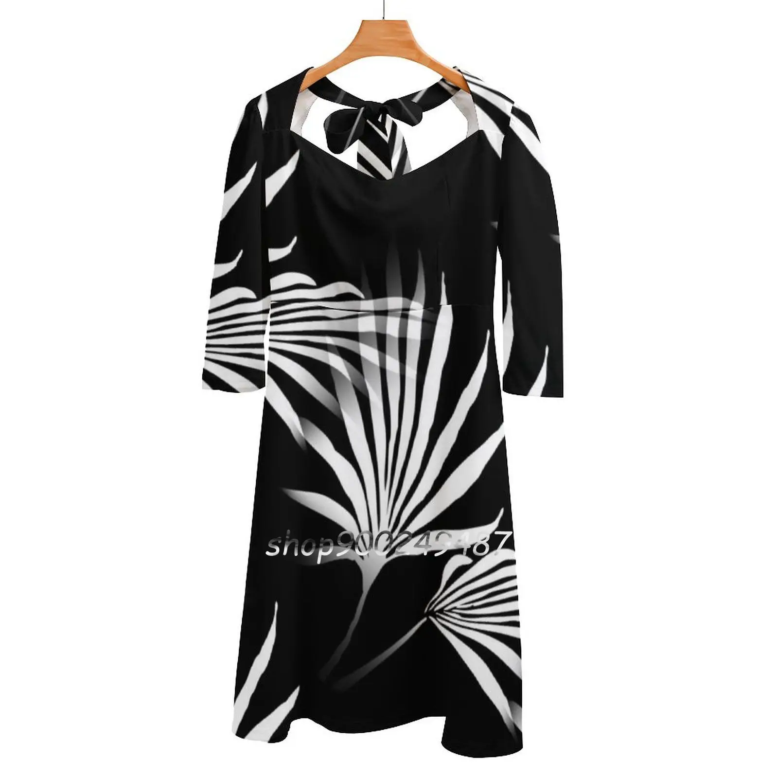 

Tropical Palm Fronds Leaf Print Black And White Sweetheart Knot Flared Dress Fashion Design Large Size Loose Dress Palm Tree