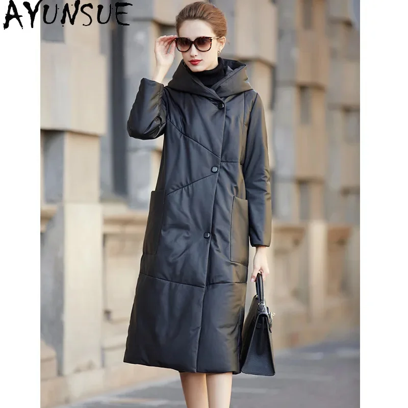 

Real AYUNSUE Leather Jacket Women Genuine Sheepskin Coat Winter Warm White Duck Down Coats Hooded Womens Clothing Long Chaquetas