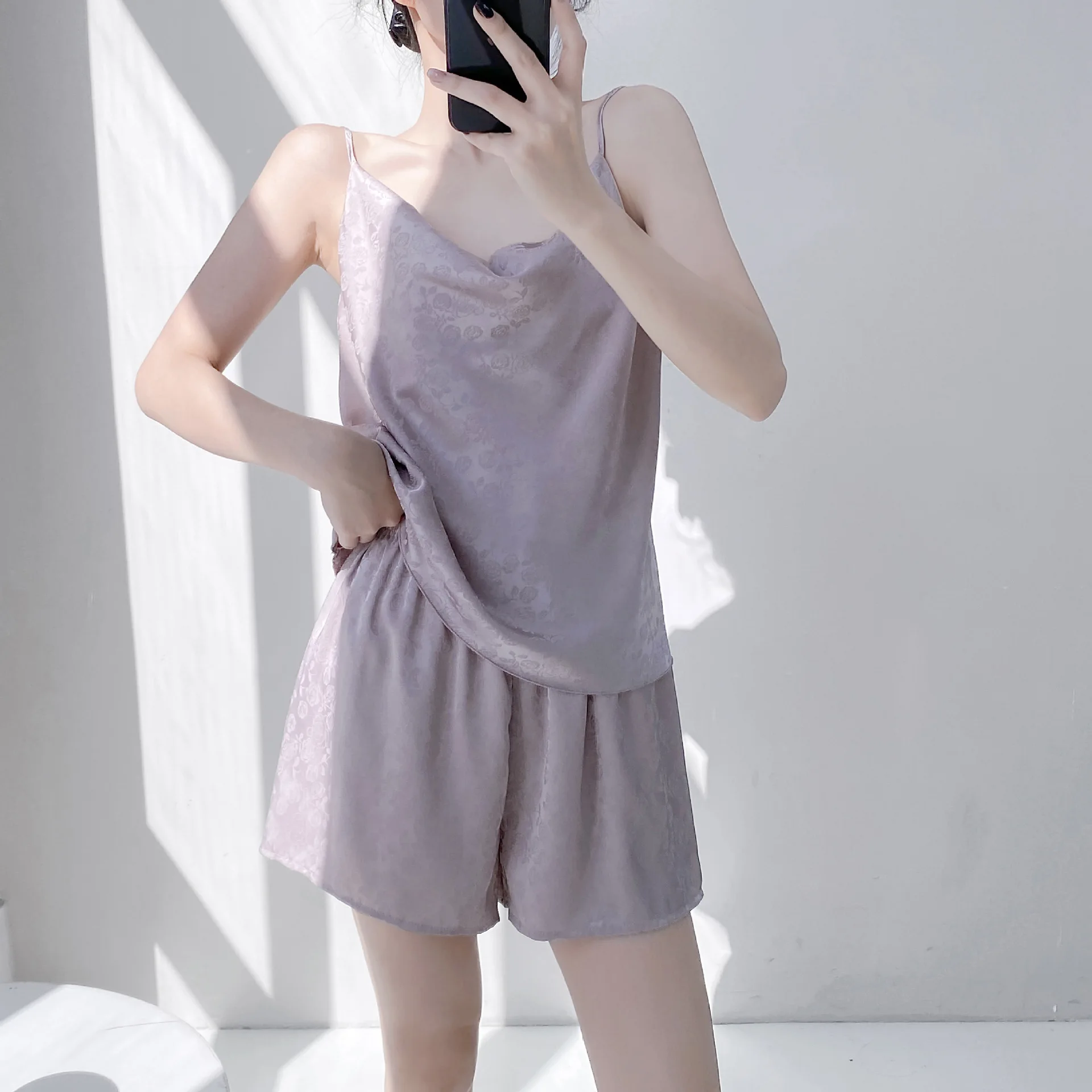 

Ice Silk Rose Jacquard Satin Loungewear Set V-Neck Camisole Shorts Two-Piece Comfortable Elegant Sleepwear All Seasons