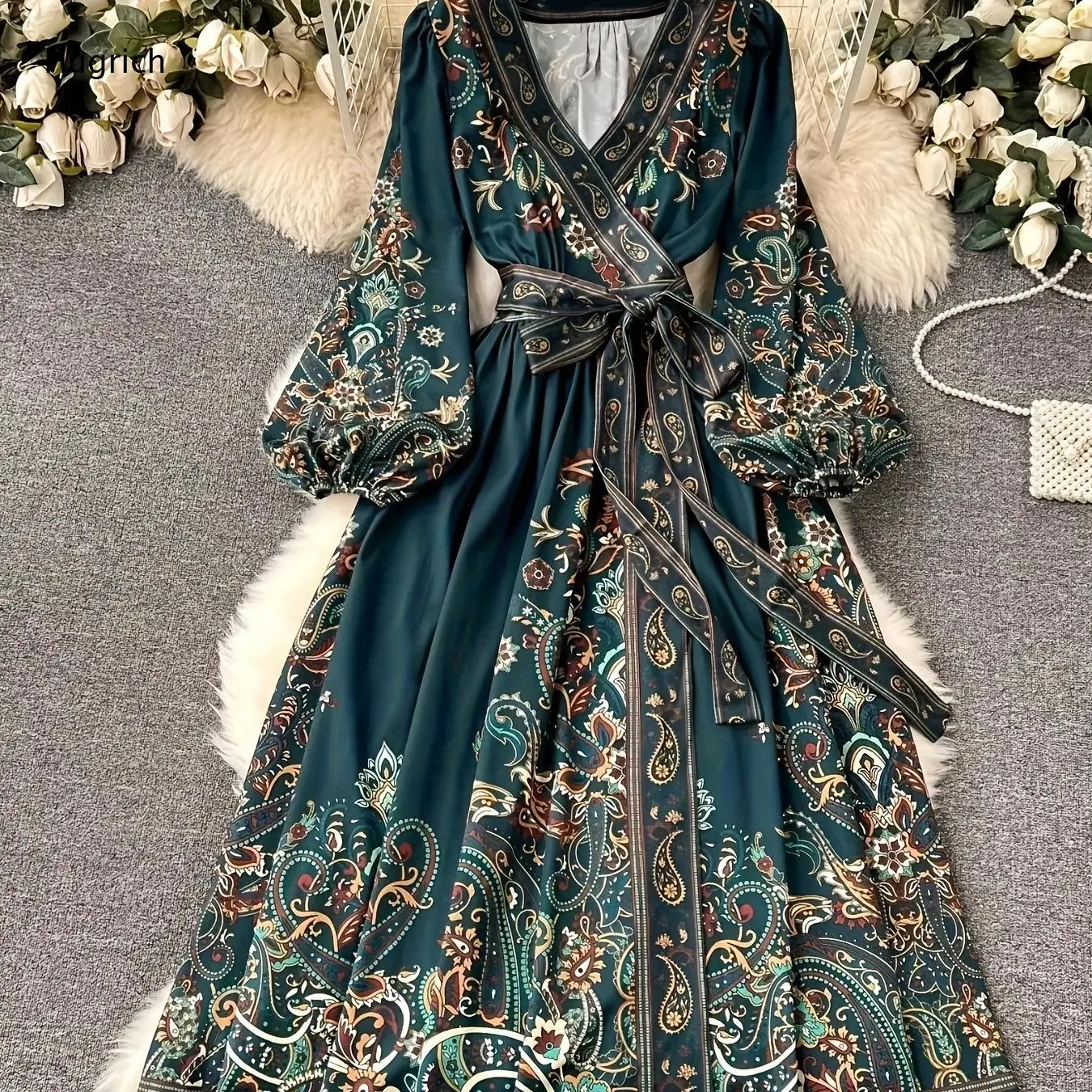 Print Wrap Maxi Dress with V Neckline Long Balloon Sleeves and Matching Belt Elegant Design for Daily and Semi Formal Wear