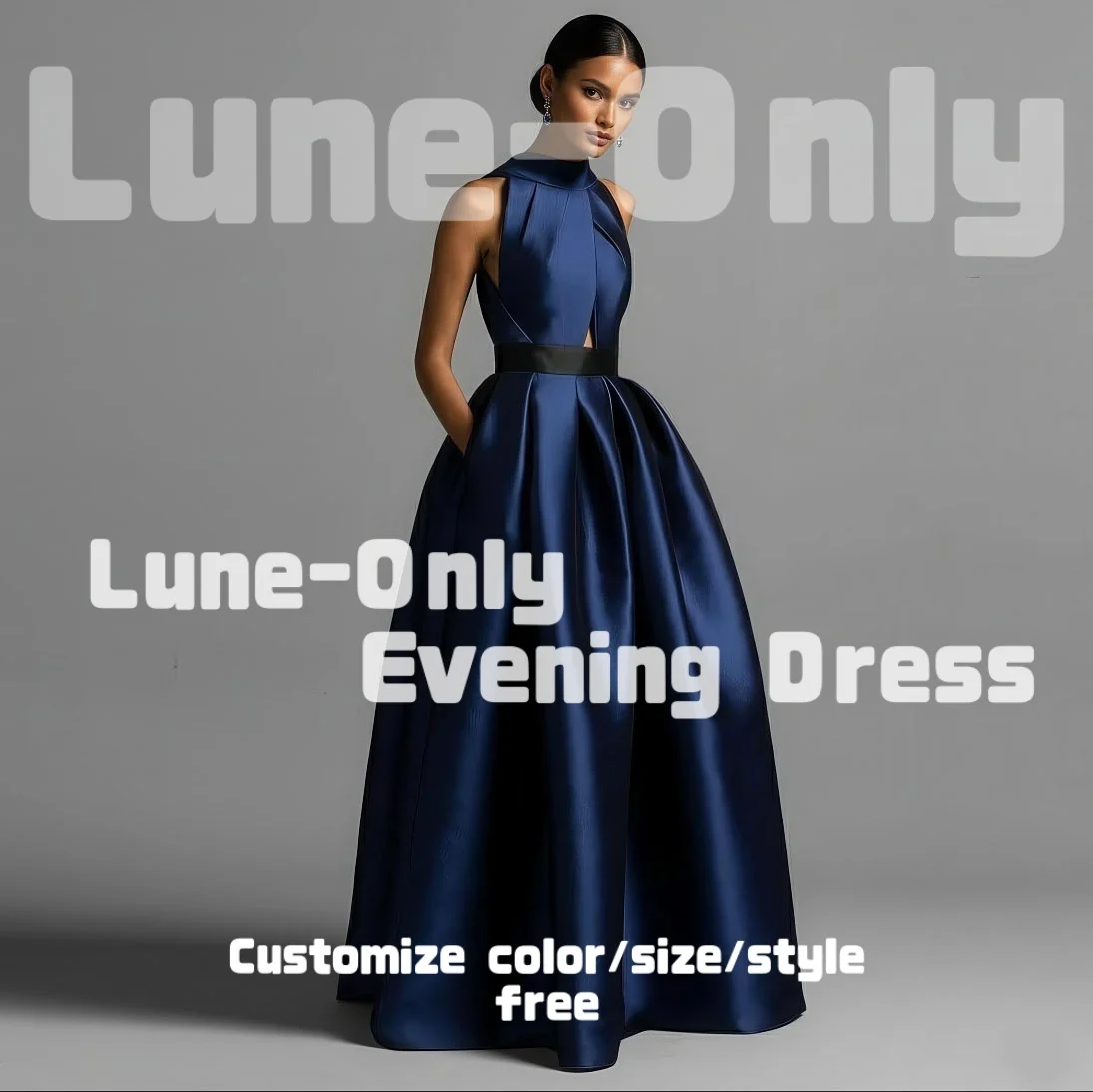 カスタマイズされたエレガントなダークブルーサテン女性のイブニングドレスフォーマルな機会のためのノースリーブバックレスウエディングドレスパーティードレス