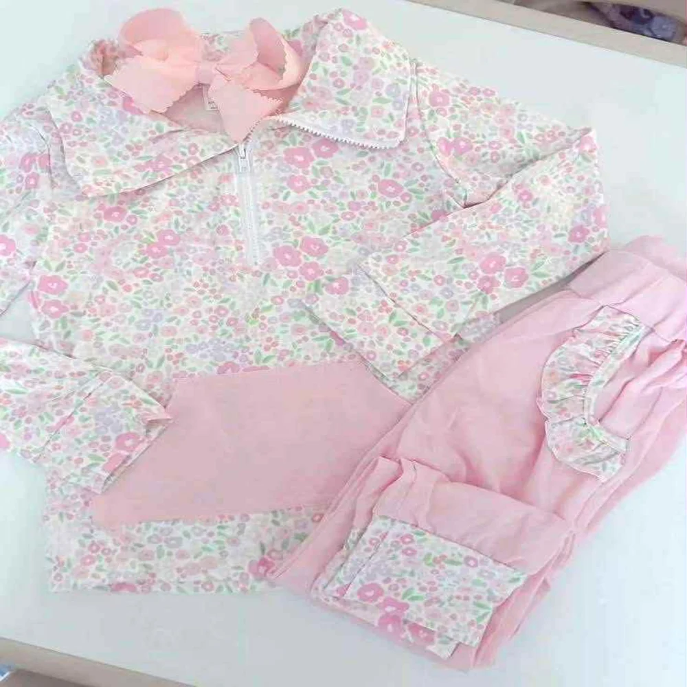 

Girls Pink Floral Zip Pullover Pants with Pocket - Cute Casual Clothing Set for Kids
